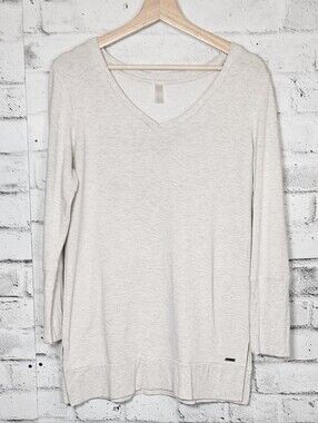 Hyba Beige V Neck Tunic Sweatshirt Long Sleeve Soft Stretch Womens Medium